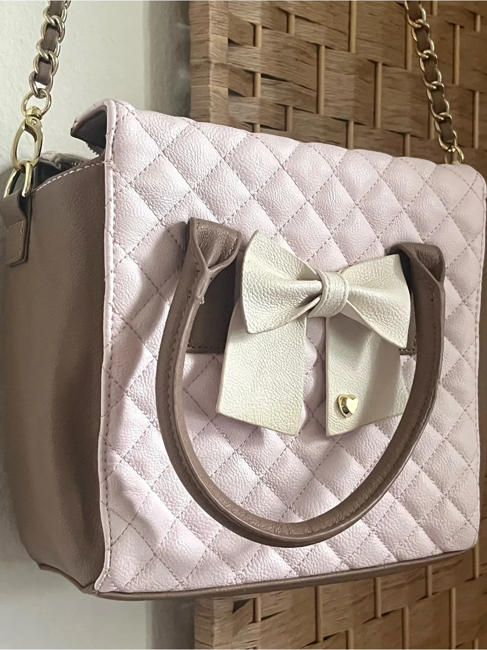 Betsey Johnson Pink Quilted Crossbody with Brown Trim & Cream Bow